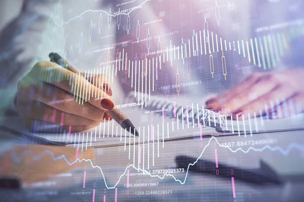 Double exposure of womans hands making notes with forex graph hologram. Concept stock market analysis. — Stock Photo, Image