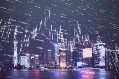 Yüksek binalar arka plan çift pozlama ile gece şehir scape mali grafik. Analiz kavramı.