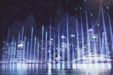 Yüksek binalar arka plan çok pozlama ile şehir scape mali grafik. Analiz kavramı.