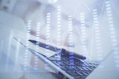 Bilgisayar geçmişi olan eski grafik hologramı. Çifte maruziyet. Finans piyasası kavramı.