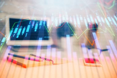 Bilgisayar geçmişi olan eski grafik hologramı. Çoklu maruz kalma. Finans piyasası kavramı.