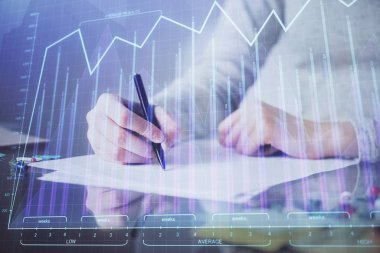 Not defteri 'nde el notu almak. Ön Forex grafik hologramlar. Araştırma kavramı. Çoklu pozlama