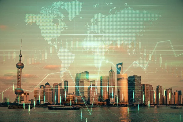 Forex graf på stadsbilden med skyskrapor bakgrund dubbel exponering. Begreppet finansiell analys. — Stockfoto