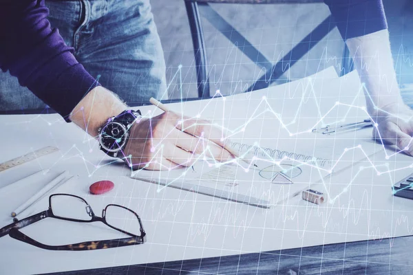 Gráfico de comercio financiero doble exposición con fondo de escritorio hombre. —  Fotos de Stock