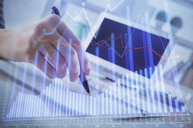 Finansal Forex grafiği el notları arka plan alarak çizilmiş. Araştırma kavramı. Çoklu pozlama
