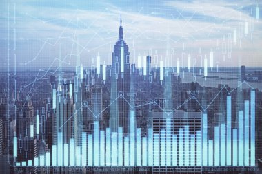 Gökdelenler arka planda çift pozlama ile şehir görünümünde eski grafik. Mali analiz kavramı.