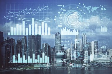 Gökdelenler, duvar kağıtları ve çoklu pozlama ile şehir manzarasının eski çizelgesi. Finansal araştırma kavramı.