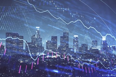 Yüksek binaların arka planında çoklu pozlama olan eski şehir haritası. Finansal araştırma kavramı.