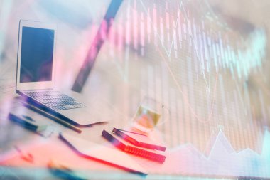 Bilgisayar geçmişi olan eski grafik hologramı. Çoklu maruz kalma. Finans piyasası kavramı.