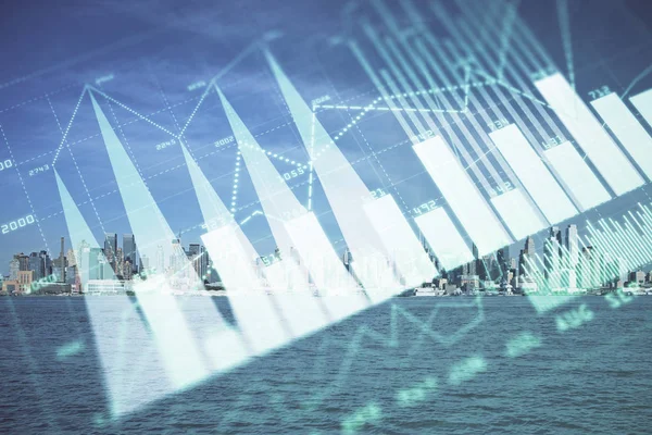 Forex graph on city view with skyscrapers background double exposure. Financial analysis concept. — Stock Photo, Image