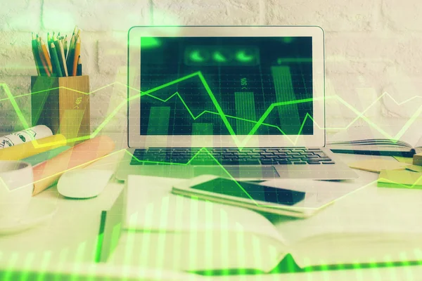 Stock market graph on background with desk and personal computer. Double exposure. Concept of financial analysis. — Stock Photo, Image