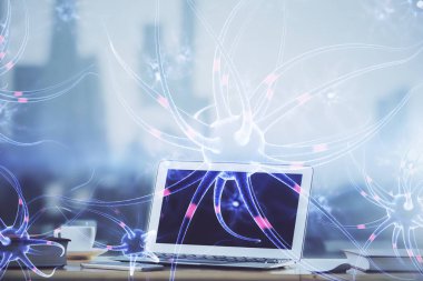 Masaüstü bilgisayar arkaplanı ve nöron çizimi. Çifte maruziyet. Eğitim kavramı.