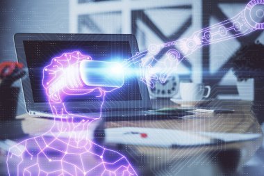 AR tema simgesi olan bilgisayar masaüstünde. Çoklu maruz kalma. Artırılmış gerçeklik kavramı.