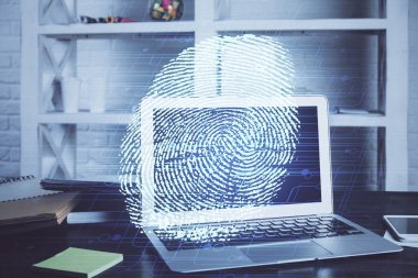 Ofisteki bilgisayarın parmak izi çizimi. Çifte maruziyet. İş veri güvenliği kavramı.