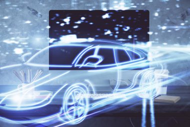 Otomobil hologramı çizimi olan masaüstü bilgisayar arkaplanı. Çoklu maruz kalma. Teknoloji kavramı.