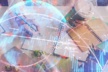 Finansal Forex grafik eller notları arka plan alarak görüntülenir. Araştırma kavramı. Çoklu pozlama