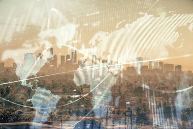 Gökdelenler, duvar kağıtları ve çoklu pozlama ile şehir manzarasının eski çizelgesi. Finansal araştırma kavramı.