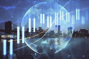 Yüksek binalar arka plan çift pozlama ile gece şehir scape mali grafik. Analiz kavramı.