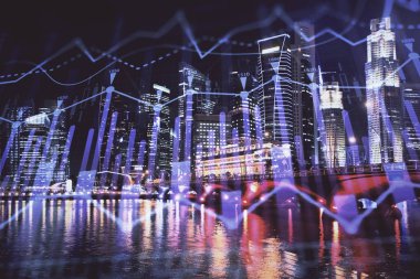 Yüksek binalar arka plan çok pozlama ile şehir scape mali grafik. Analiz kavramı.