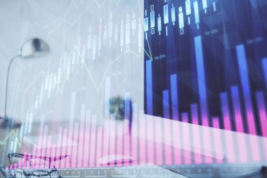 Bilgisayar geçmişi olan eski grafik hologramı. Çoklu maruz kalma. Finans piyasası kavramı.