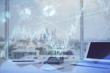 Bilgisayar geçmişi olan eski grafik hologramı. Çoklu maruz kalma. Finans piyasası kavramı.