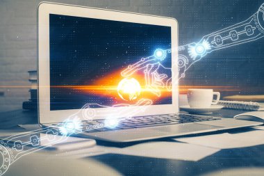 Bilgisayarın arka plan ve teknoloji temalı çizimlerine çoklu maruz kalma. Yenilik kavramı.