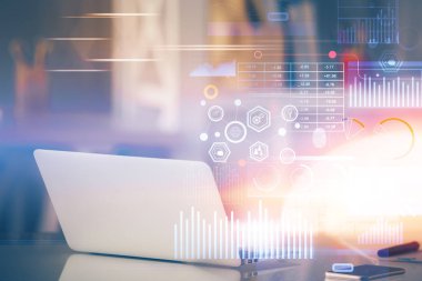 Teknoloji temalı çizim ve bilgisayarlı masa. Çoklu maruz kalma. Bilgi kavramı.