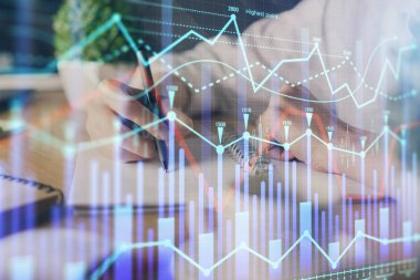 Finansal Forex grafik eller notları arka plan alarak görüntülenir. Araştırma kavramı. Çift Pozlama