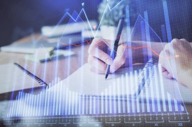 Finansal Forex grafiği el notları arka plan alarak çizilmiş. Araştırma kavramı. Çoklu pozlama