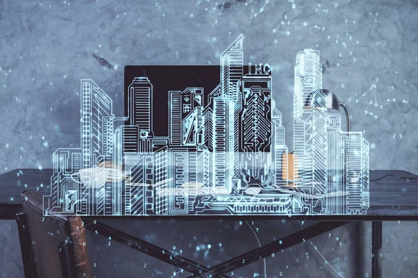 Υπολογιστικό υπόβαθρο γραφείου και ολογραμμάτων κτιρίων μεγάλων πόλεων. Διπλή έκθεση. Έξυπνη έννοια πόλης. — Φωτογραφία Αρχείου