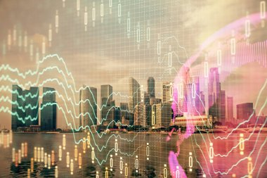 Yüksek binaların arka planında çoklu pozlama olan eski şehir haritası. Finansal araştırma kavramı.