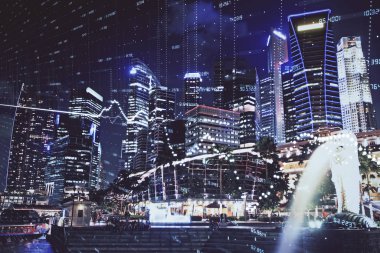 Yüksek binalar arka plan çok pozlama ile şehir scape mali grafik. Analiz kavramı.