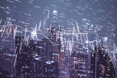 Cityscape arka plan üzerinde forex grafik çizimleri çift pozlama. Başarı kavramı.