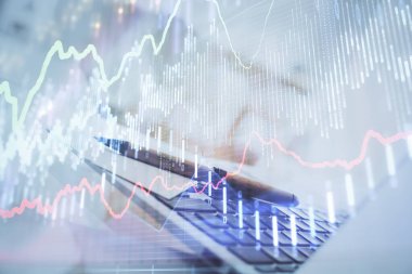 Bilgisayar geçmişi olan eski grafik hologramı. Çoklu maruz kalma. Finans piyasası kavramı.