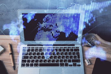 İş teması simgelerinin çoklu pozlandırılması ve bilgisayar geçmişi olan çalışma alanı. Başarı kavramı.