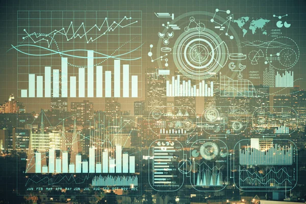 Gráfico financeiro sobre paisagem da cidade noite com edifícios altos fundo multi exposição. Conceito de análise . — Fotografia de Stock