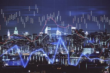 Cityscape arka plan üzerinde forex grafik çizimleri çift pozlama. Başarı kavramı.