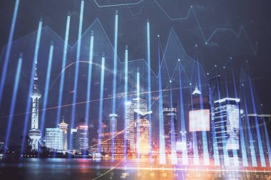 Yüksek binalar arka plan çift pozlama ile gece şehir scape mali grafik. Analiz kavramı.