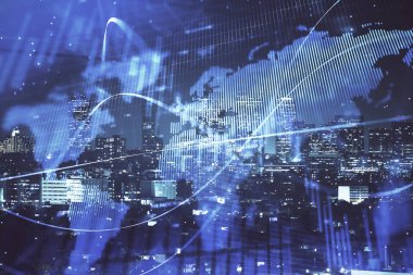 Yüksek binalar arka plan çok pozlama ile gece şehir scape mali grafik. Analiz kavramı.