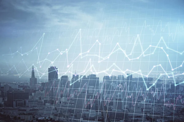 Forex γράφημα σε θέα στην πόλη με ουρανοξύστες φόντο multi έκθεση. Έννοια χρηματοοικονομικής ανάλυσης. — Φωτογραφία Αρχείου