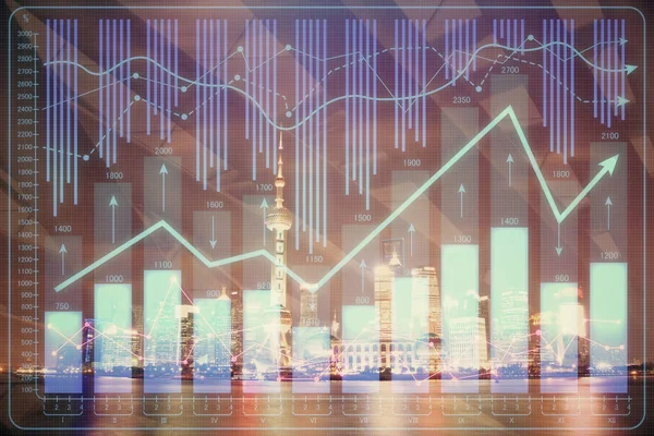 Finansiell graf på Night City Scape med höga byggnader bakgrund Multi exponering. Analys koncept. — Stockfoto