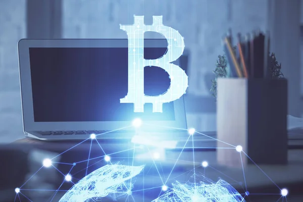 Doble exposición de la cadena de bloques tema holograma y tabla con fondo de la computadora. Concepto de moneda criptomoneda bitcoin. —  Fotos de Stock