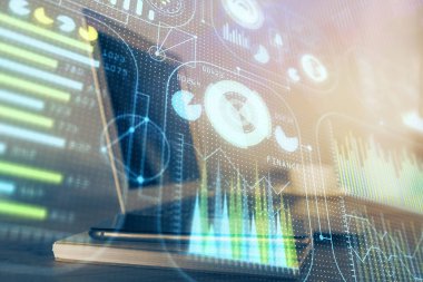 Bilgisayar ve teknoloji temalı çizimlere çifte maruz kalma. Yenilik kavramı.