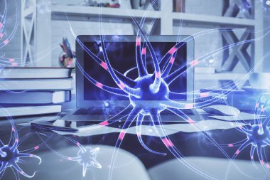 Masaüstü bilgisayar arkaplanı ve nöron çizimi. Çifte maruziyet. Eğitim kavramı.