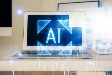 Teknoloji temalı çizim ve bilgisayarla çalışma alanı. Çifte maruziyet. Yenilik kavramı.