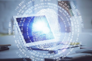 Ofisteki bilgisayarın parmak izi çizimi. Çifte maruziyet. İş veri güvenliği kavramı.