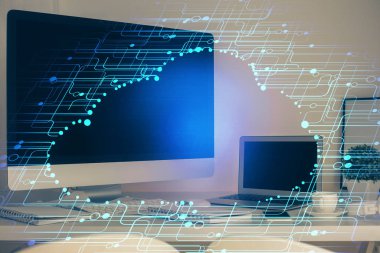 Teknoloji temalı çizim ve bilgisayarla çalışma alanı. Çoklu maruz kalma. Yenilik kavramı.