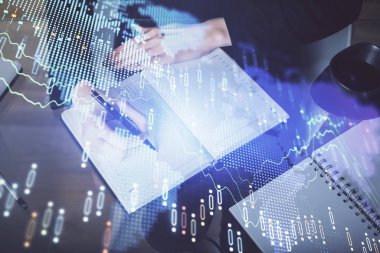 Forex grafik hologram el notları arka plan alarak. Analiz kavramı. Çoklu pozlama