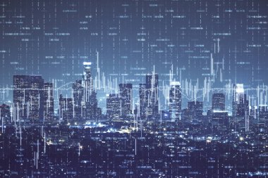 Yüksek binaların arka planında çoklu pozlama olan eski şehir haritası. Finansal araştırma kavramı.