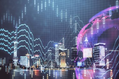 Yüksek binalar arka plan çift pozlama ile gece şehir scape mali grafik. Analiz kavramı.